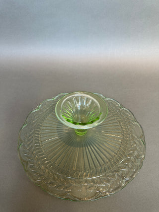 Laurel Leaf Green Cake Stand — 12” Footed Pedestal Salver, Depression-Era Pattern