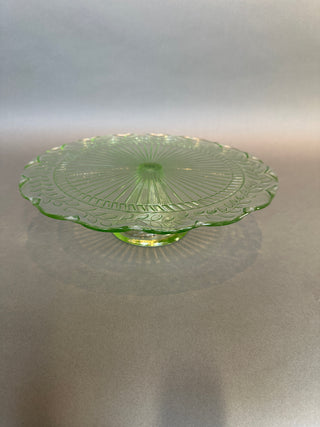Laurel Leaf Green Cake Stand — 12” Footed Pedestal Salver, Depression-Era Pattern