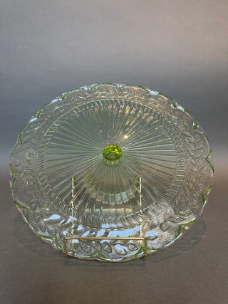 Laurel Leaf Green Cake Stand — 12” Footed Pedestal Salver, Depression-Era Pattern