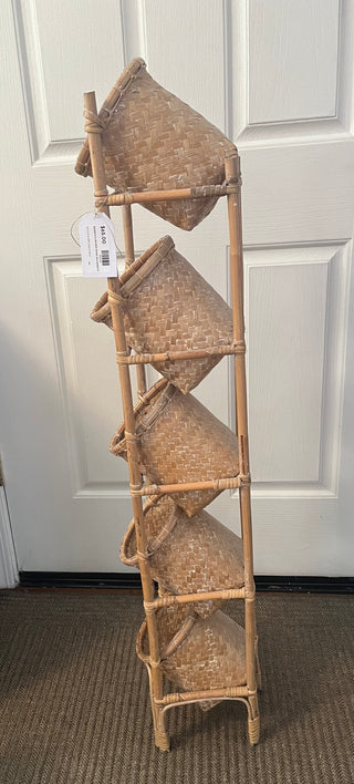 BAMBOO & WICKER STAND W/5 BASKETS