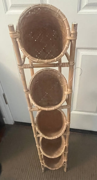 BAMBOO & WICKER STAND W/5 BASKETS