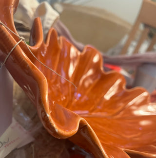 LARGE BURNT ORANGE CERAMIC LEAF SERVING DISH