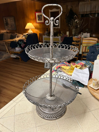 PG- Two Tiered Metal  Basket Stand. Antique White