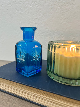 Mini three-inch Blue Glass Etched Star Bud Vase