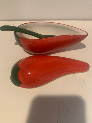 Red chili salsa bowl with lid and spoon