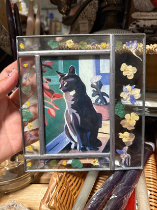 Flower Glass Frame w/Vintage Cat Postcard