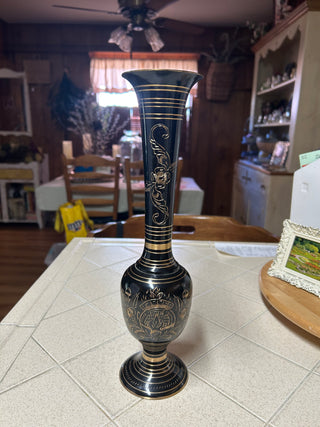 PG-Solid Black  & Brass Etched  Vase