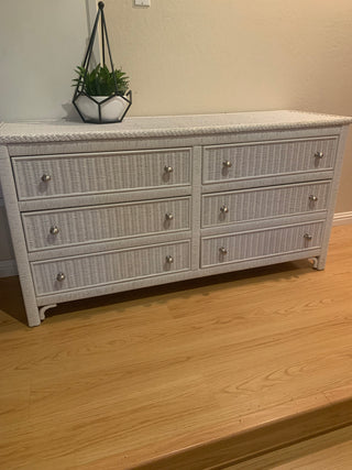 Vntg 6 drawer White Wicker Dresser