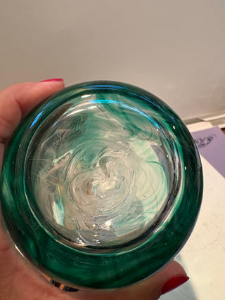 M. Rhys Williams Signed Art Glass vase, aqua green swirl, 8.25"