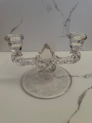 Vintage New Martinsville Clear Glass Double Light Candlestick Holder - Etched Flower Basket/Prelude Pattern