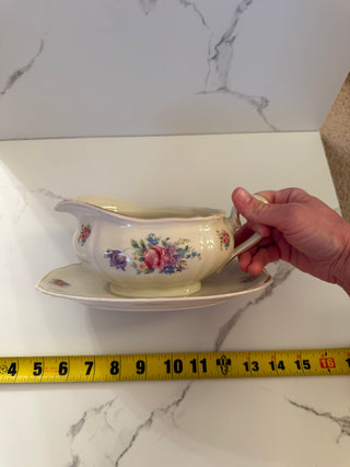 Vintage Schumann Bavaria Gravy Boat with Attached Underplate - US Zone Germany Porcelain, Floral & Gold Trim (1940s)