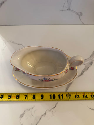 Vintage Schumann Bavaria Gravy Boat with Attached Underplate - US Zone Germany Porcelain, Floral & Gold Trim (1940s)