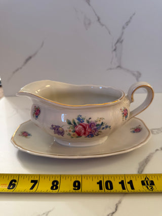 Vintage Schumann Bavaria Gravy Boat with Attached Underplate - US Zone Germany Porcelain, Floral & Gold Trim (1940s)