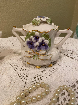 Vtg porcelain sugar bowl and creamer w bisque violets
