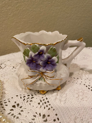 Vtg porcelain sugar bowl and creamer w bisque violets