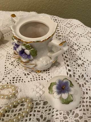 Vtg porcelain sugar bowl and creamer w bisque violets