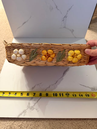 Vintage Boho Handwoven Straw Casserole Basket | 1970s Philippines Raffia 3D Floral Serving Tray Holder