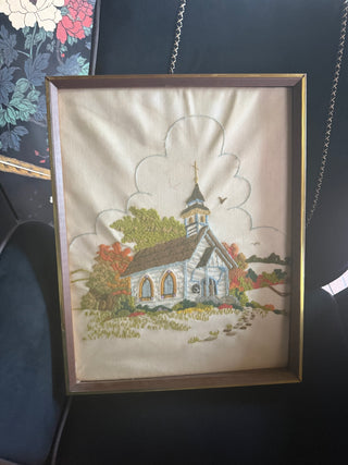 Vintage 70's framed embroidery of church 15" X 19"