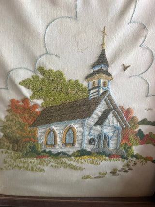 Vintage 70's framed embroidery of church 15" X 19"