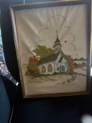 Vintage 70's framed embroidery of church 15" X 19"