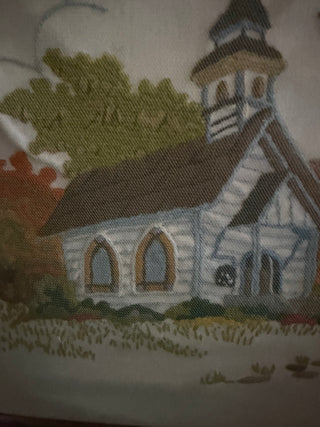 Vintage 70's framed embroidery of church 15" X 19"