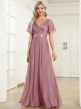 Ever Pretty Sparkling Short Sleeve V-Neck Ribbon Waist A-Line Bridesmaid Dress Size 4XL