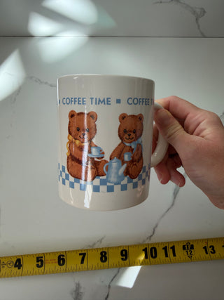 Vintage Coffee Time Teddy Bear Ceramic Mug | 1980s Retro Blue Checkered