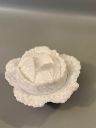 Milk Glass Cabbage Covered Dish Portieux Vallerysthal White Opaline