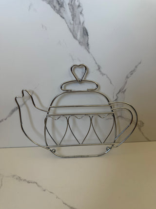 Vintage Chrome Wire Teapot Trivet | Openwork Heart Design Kitchen Wall Hanging