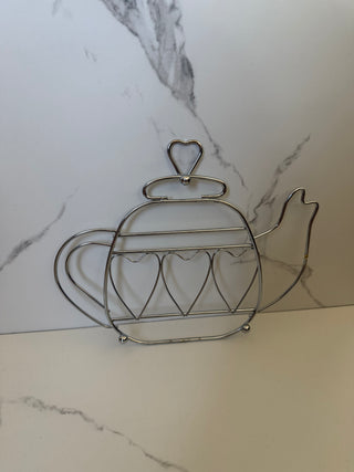 Vintage Chrome Wire Teapot Trivet | Openwork Heart Design Kitchen Wall Hanging