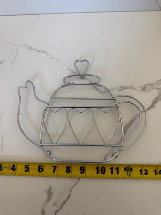 Vintage Chrome Wire Teapot Trivet | Openwork Heart Design Kitchen Wall Hanging