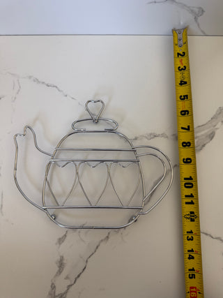 Vintage Chrome Wire Teapot Trivet | Openwork Heart Design Kitchen Wall Hanging