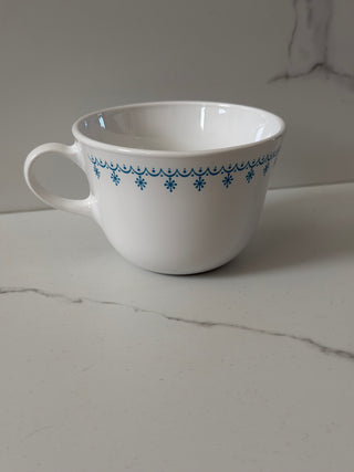 Vintage Corelle Snowflake Blue Teacup - Corning Livingware 1970s Milk Glass