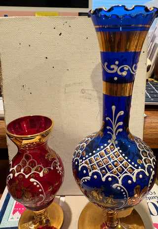 Vtg. Italian blue & Red Glass Vases  - set of 2