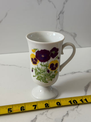 Vintage Porcelain Footed Coffee Mug | Purple and Yellow Pansy Floral