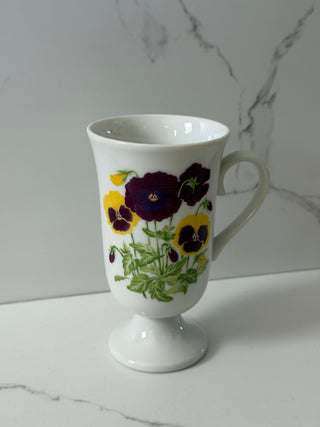 Vintage Porcelain Footed Coffee Mug | Purple and Yellow Pansy Floral