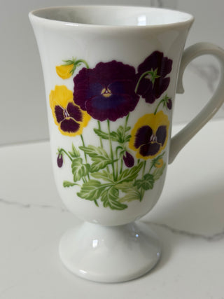 Vintage Porcelain Footed Coffee Mug | Purple and Yellow Pansy Floral