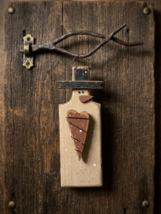 Handmade Wooden Snowman Wall Hanger w/ Wire Heart⁠