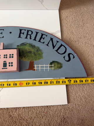 Vintage Wooden ‘Welcome Friends’ Sign 24” Half Moon Wall Art with 3D Pink House