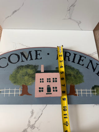 Vintage Wooden ‘Welcome Friends’ Sign 24” Half Moon Wall Art with 3D Pink House