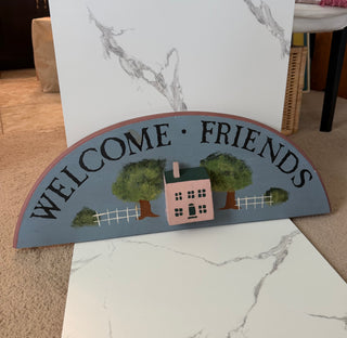 Vintage Wooden ‘Welcome Friends’ Sign 24” Half Moon Wall Art with 3D Pink House