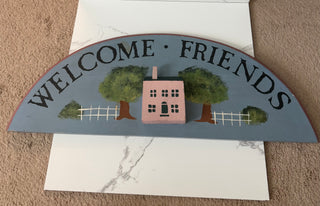 Vintage Wooden ‘Welcome Friends’ Sign 24” Half Moon Wall Art with 3D Pink House