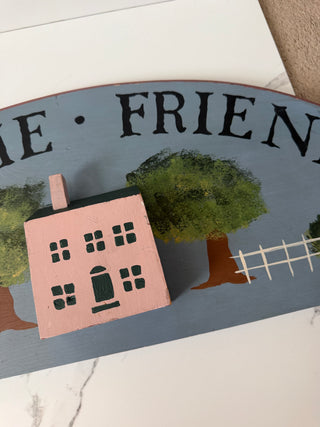 Vintage Wooden ‘Welcome Friends’ Sign 24” Half Moon Wall Art with 3D Pink House