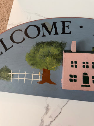 Vintage Wooden ‘Welcome Friends’ Sign 24” Half Moon Wall Art with 3D Pink House