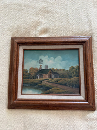 Vintage Framed Country Barn & Windmill Oil Painting