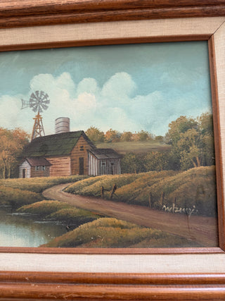 Vintage Framed Country Barn & Windmill Oil Painting