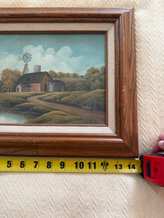 Vintage Framed Country Barn & Windmill Oil Painting