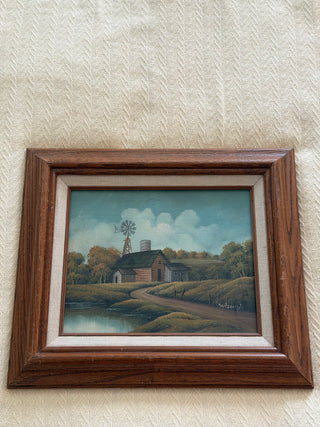 Vintage Framed Country Barn & Windmill Oil Painting
