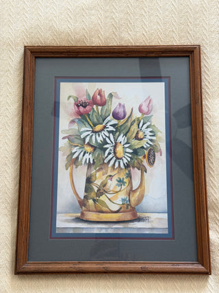 Vintage Frankie Buckley “Floral Hummingbird Watering Can” Framed Artwork