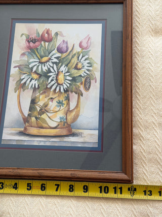 Vintage Frankie Buckley “Floral Hummingbird Watering Can” Framed Artwork
